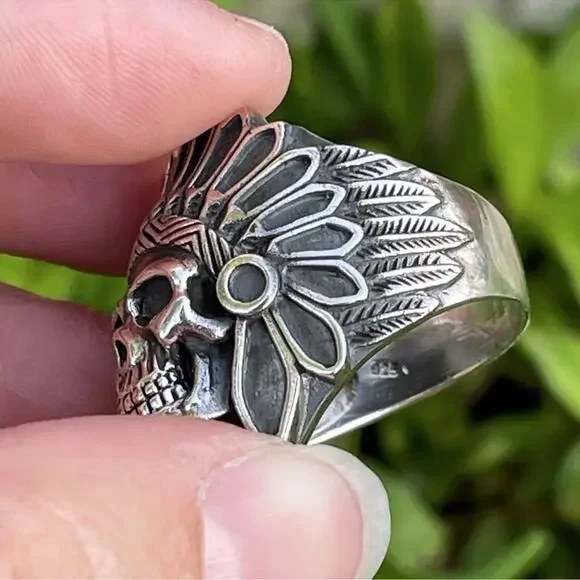 Mens Biker hotrod sterling silver native American chief indian skull ring size 9 - Picture 4 of 5